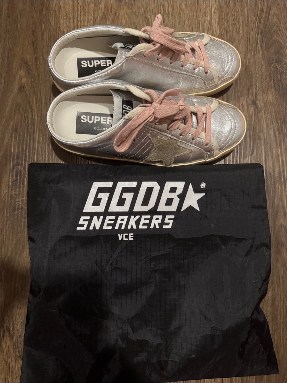 Golden Goose Superstar Sabot Silver Sneakers with Pink Laces